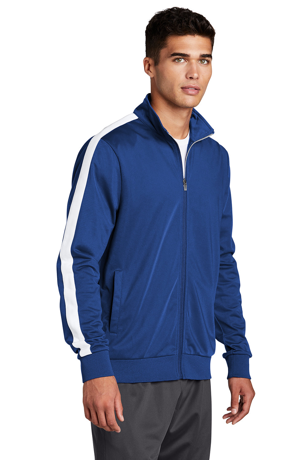 Sport-Tek JST94 Mens Full Zip Track Jacket True Royal Blue/White Model 3q