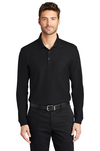 Port Authority K100LS Mens Core Classic Long Sleeve Polo Shirt Deep Black Model Front