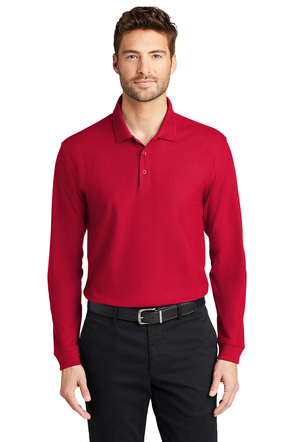 Port Authority K100LS Mens Core Classic Long Sleeve Polo Shirt Rich Red Model Front