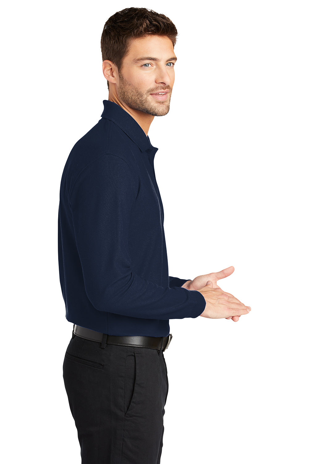 Port Authority K100LS Mens Core Classic Long Sleeve Polo Shirt River Navy Blue Model Side