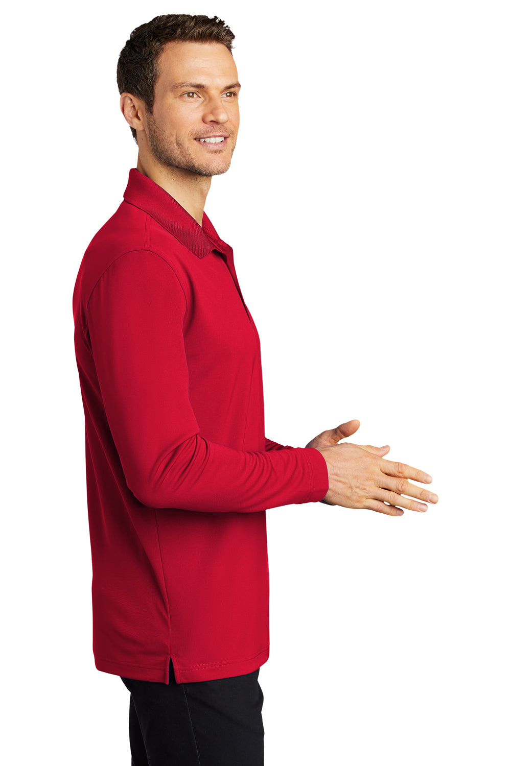 Port Authority K110LS Mens Dry Zone Performance Moisture Wicking Long Sleeve Polo Shirt Rich Red Model Side