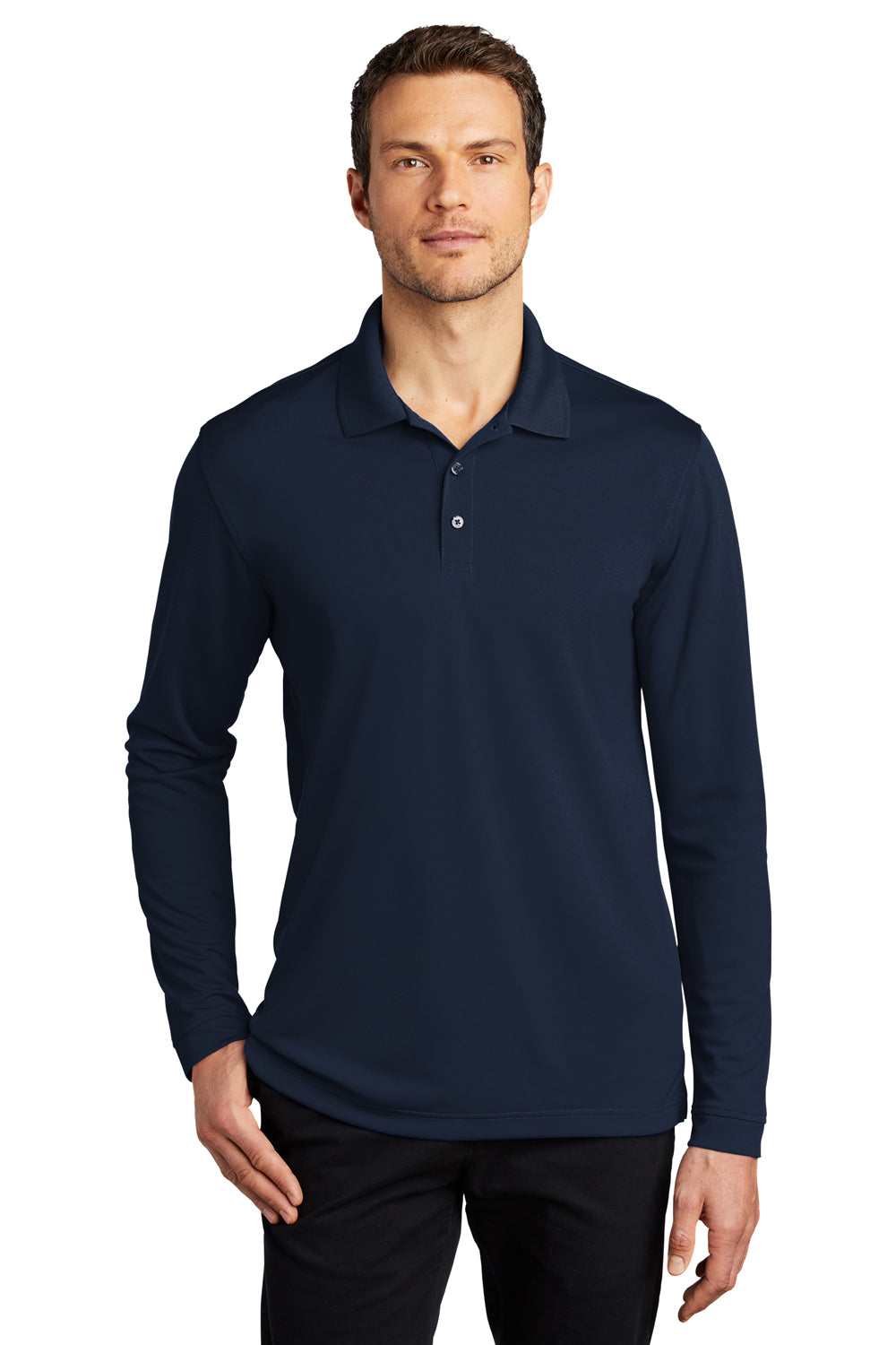 Port Authority K110LS Mens Dry Zone Performance Moisture Wicking Long Sleeve Polo Shirt River Navy Blue Model Front