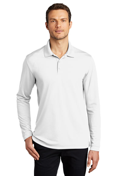 Port Authority K110LS Mens Dry Zone Performance Moisture Wicking Long Sleeve Polo Shirt White Model Front