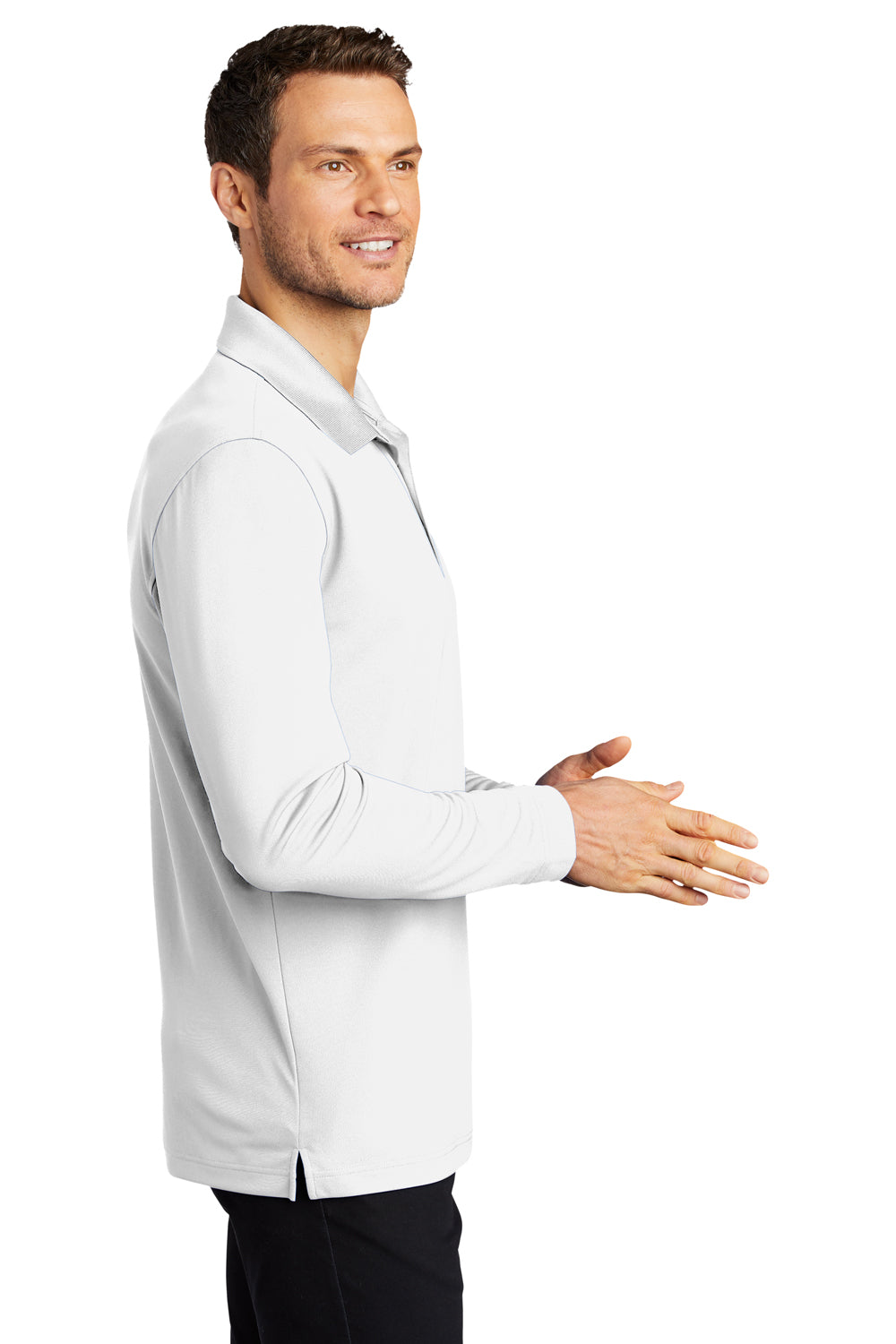 Port Authority K110LS Mens Dry Zone Performance Moisture Wicking Long Sleeve Polo Shirt White Model Side