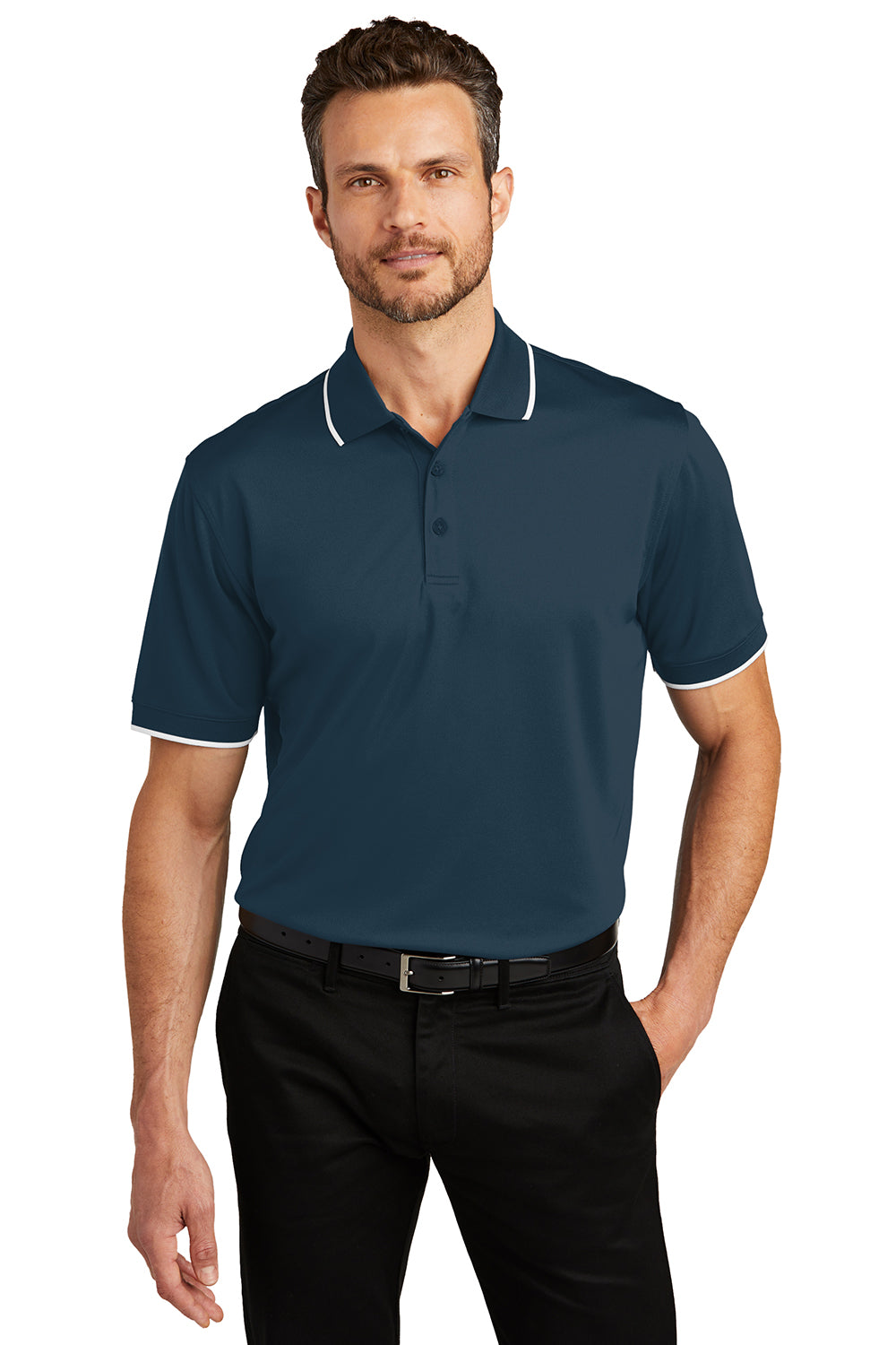 Port Authority K111 Mens Dry Zone Moisture Wicking Short Sleeve Polo Shirt River Navy Blue/White Model Front