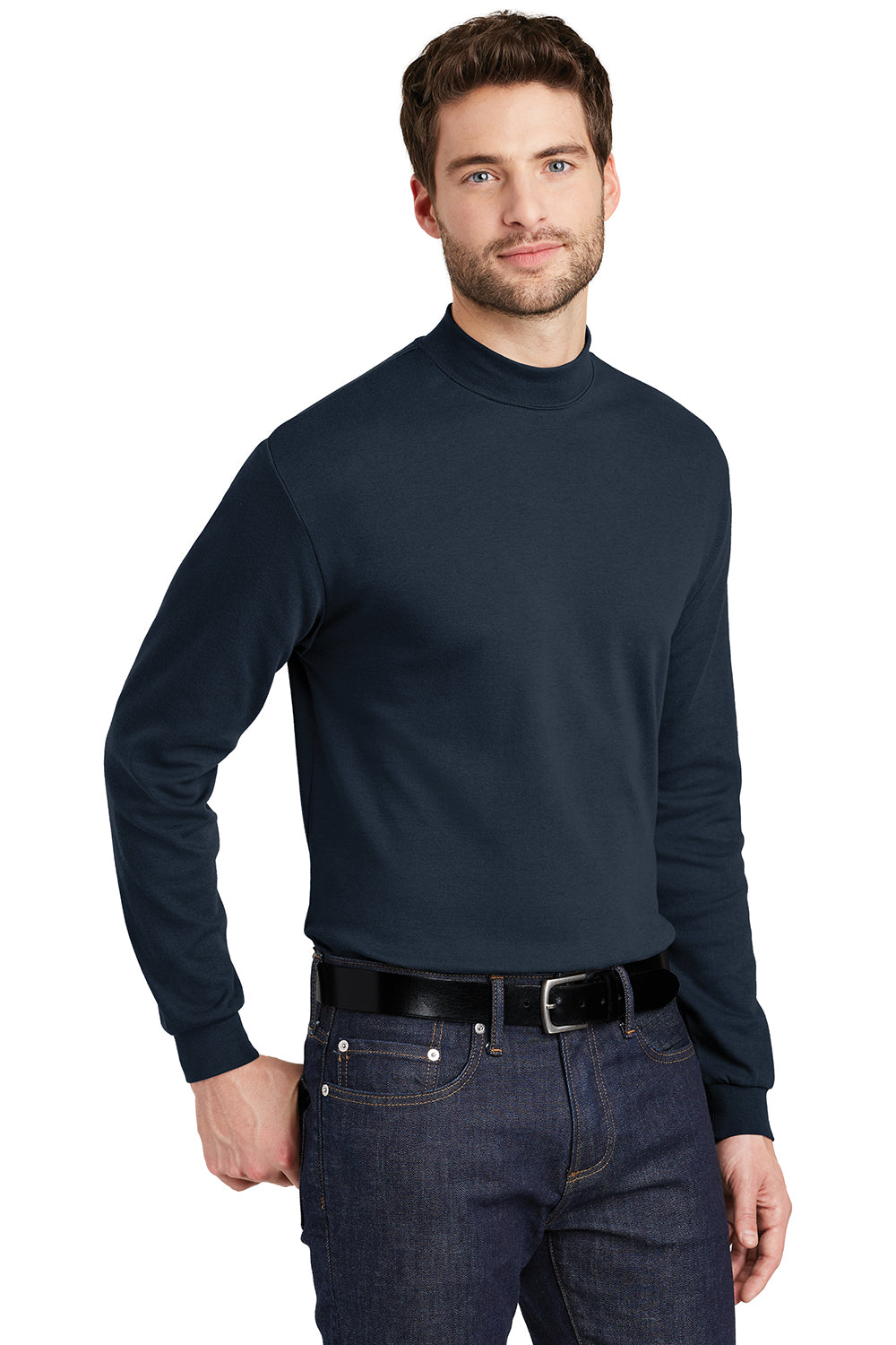 Port Authority K321 Mens Long Sleeve Mock Neck T-Shirt Navy Blue Model 3q