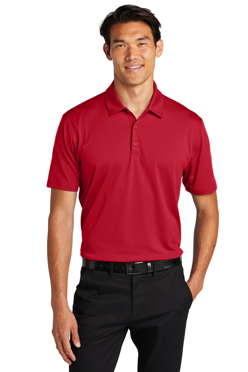 Port Authority K398 Mens Staff Performance Moisture Wicking Short Sleeve Polo Shirt Engine Red Model Front