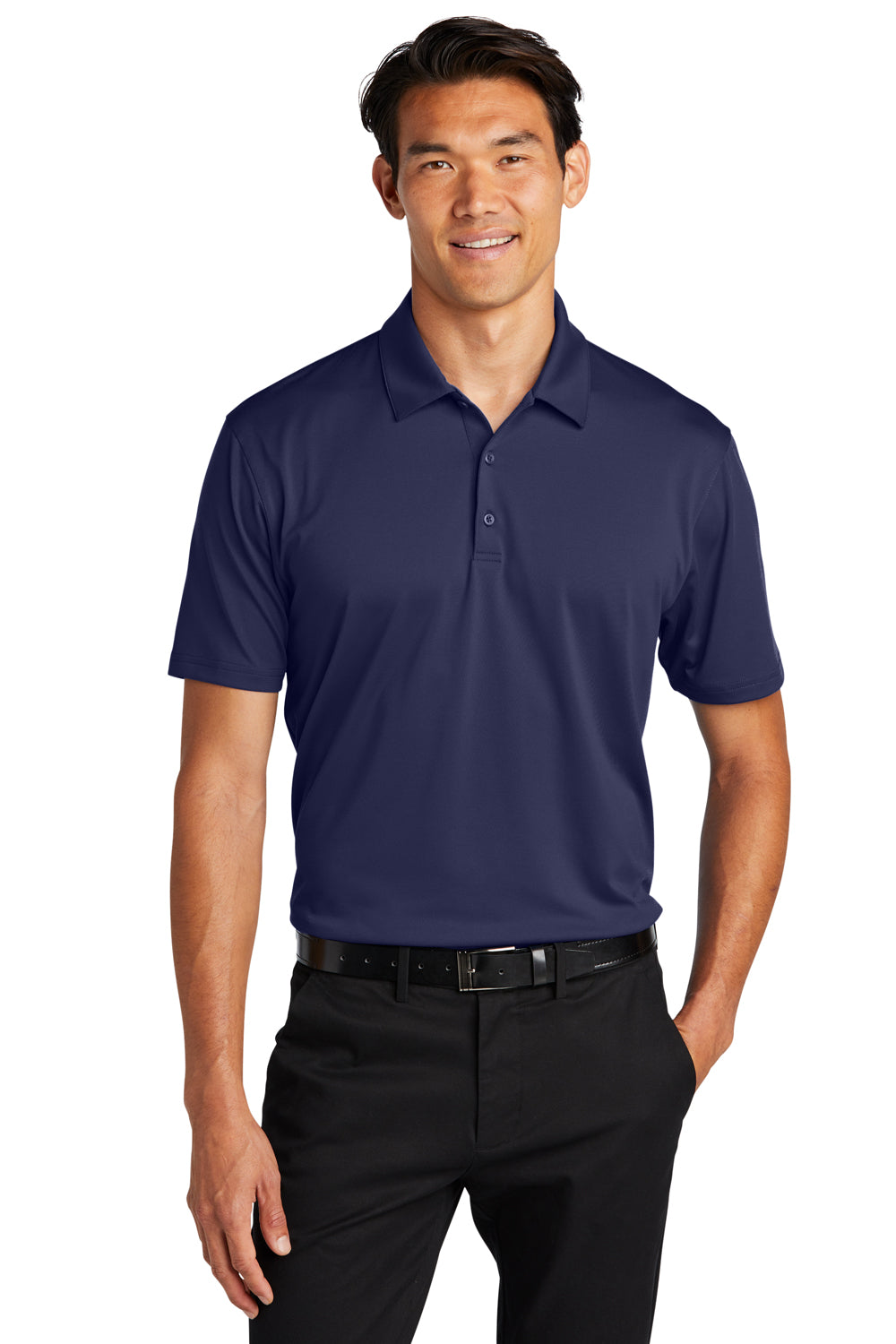 Port Authority K398 Mens Staff Performance Moisture Wicking Short Sleeve Polo Shirt True Navy Blue Model Front