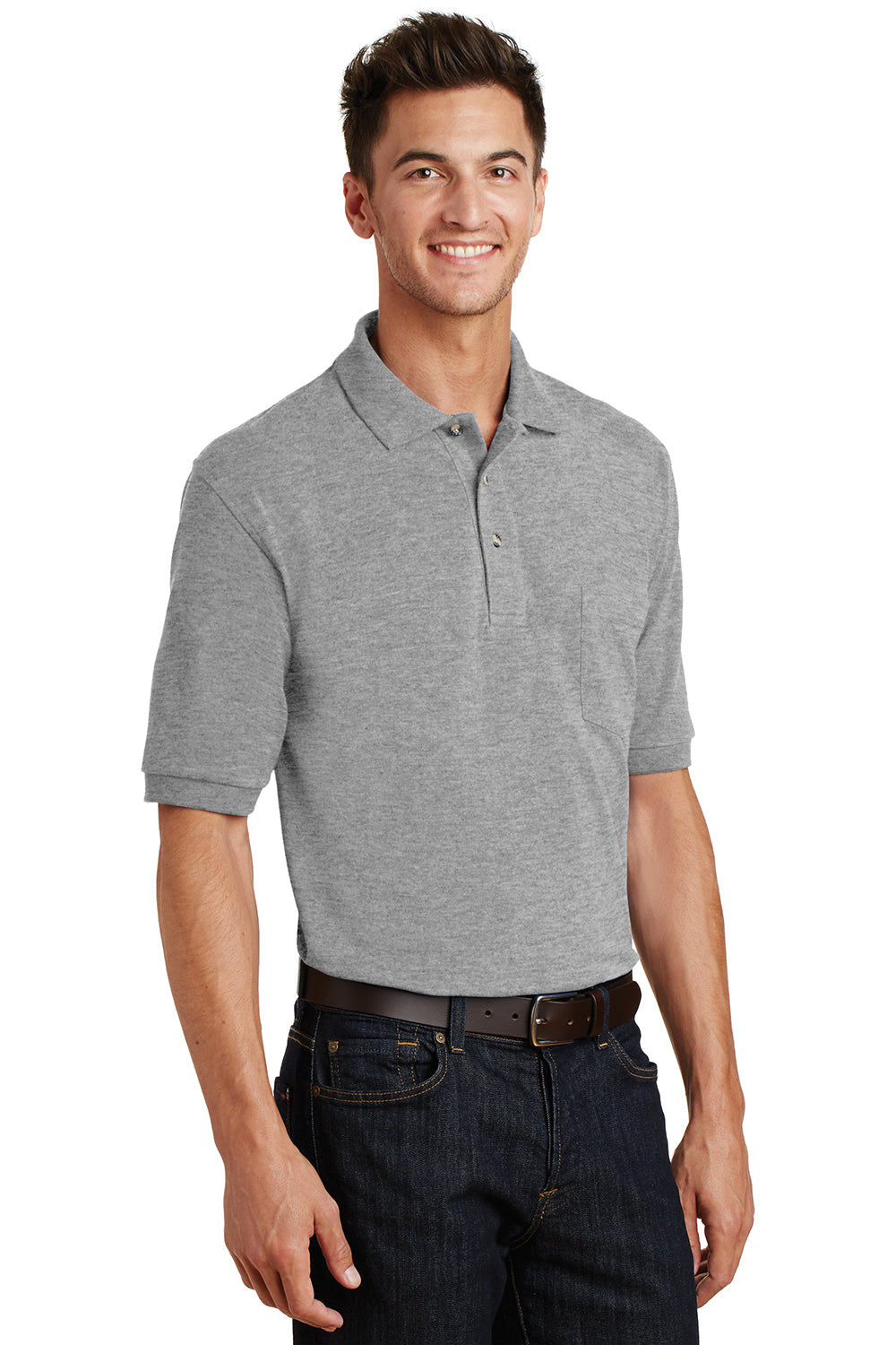 Port Authority K420P Mens Shrink Resistant Short Sleeve Polo Shirt w/ Pocket Oxford Grey Model 3q