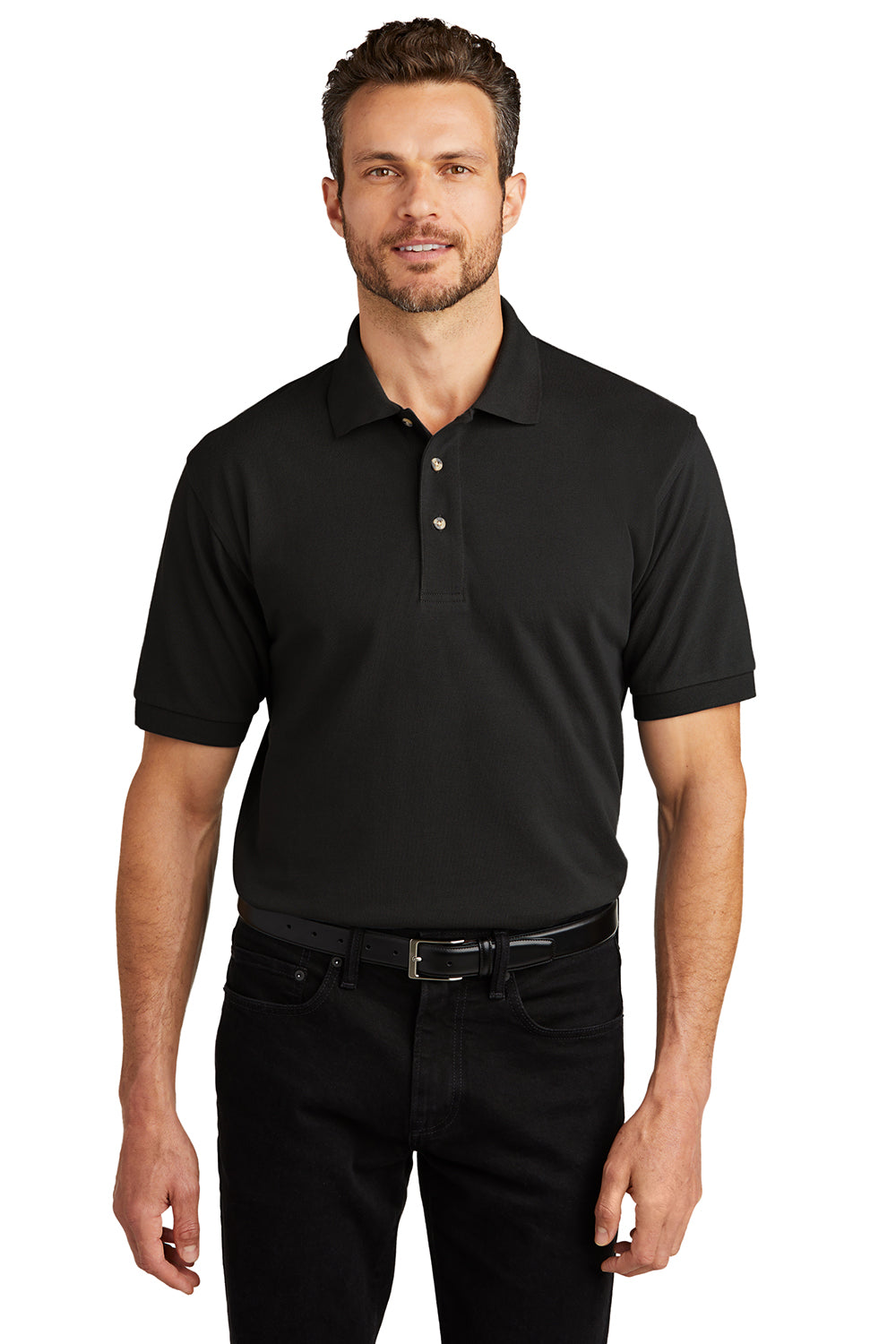 Port Authority K420/TLK420 Mens Shrink Resistant Short Sleeve Polo Shirt Black Model Front