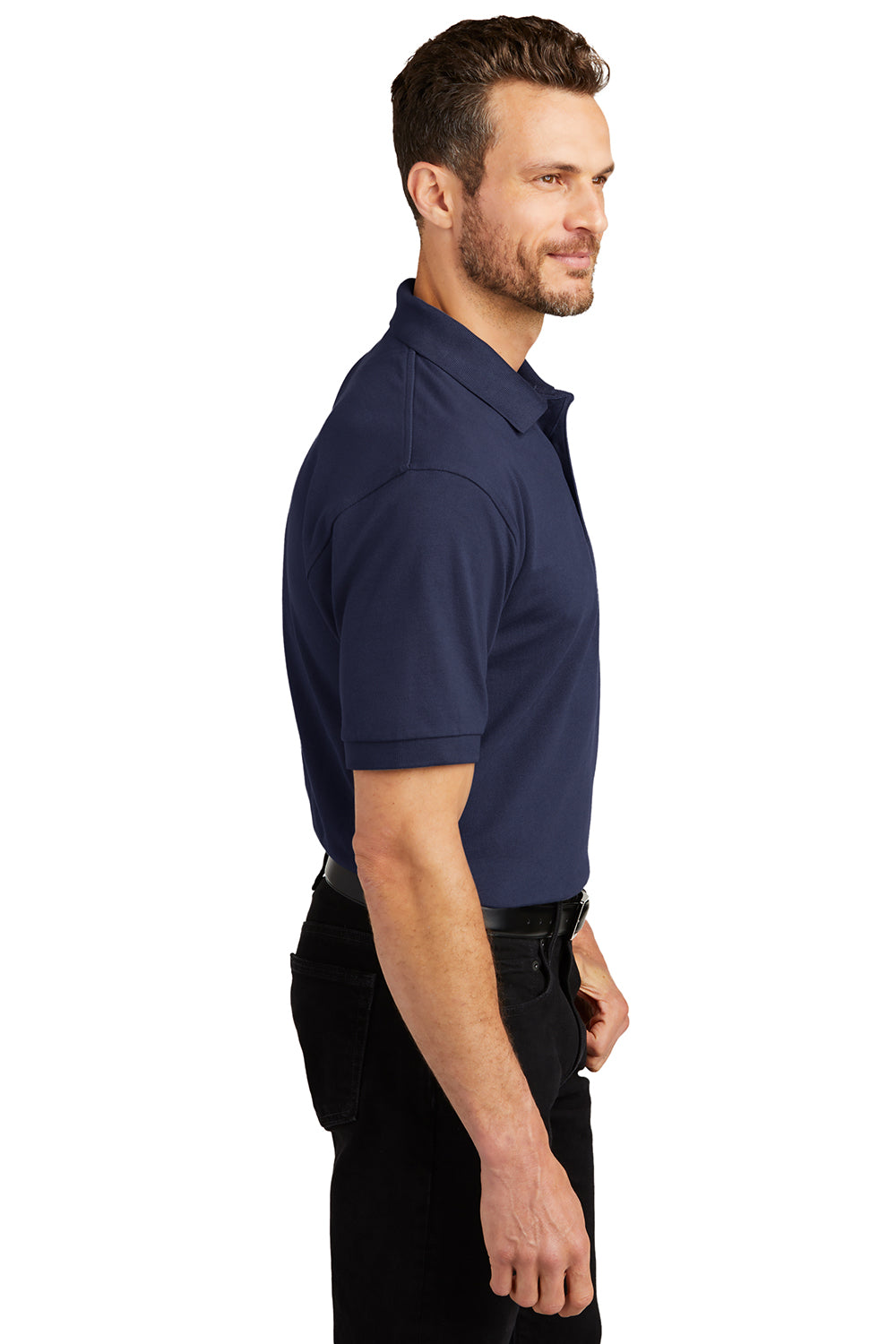 Port Authority K420/TLK420 Mens Shrink Resistant Short Sleeve Polo Shirt Navy Blue Model Side