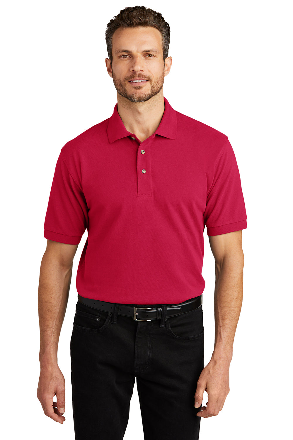 Port Authority K420/TLK420 Mens Shrink Resistant Short Sleeve Polo Shirt Red Model Front