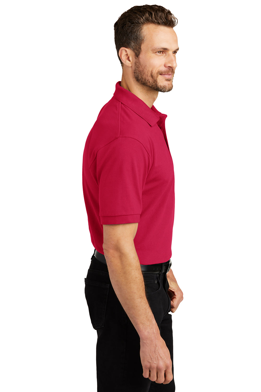 Port Authority K420/TLK420 Mens Shrink Resistant Short Sleeve Polo Shirt Red Model Side