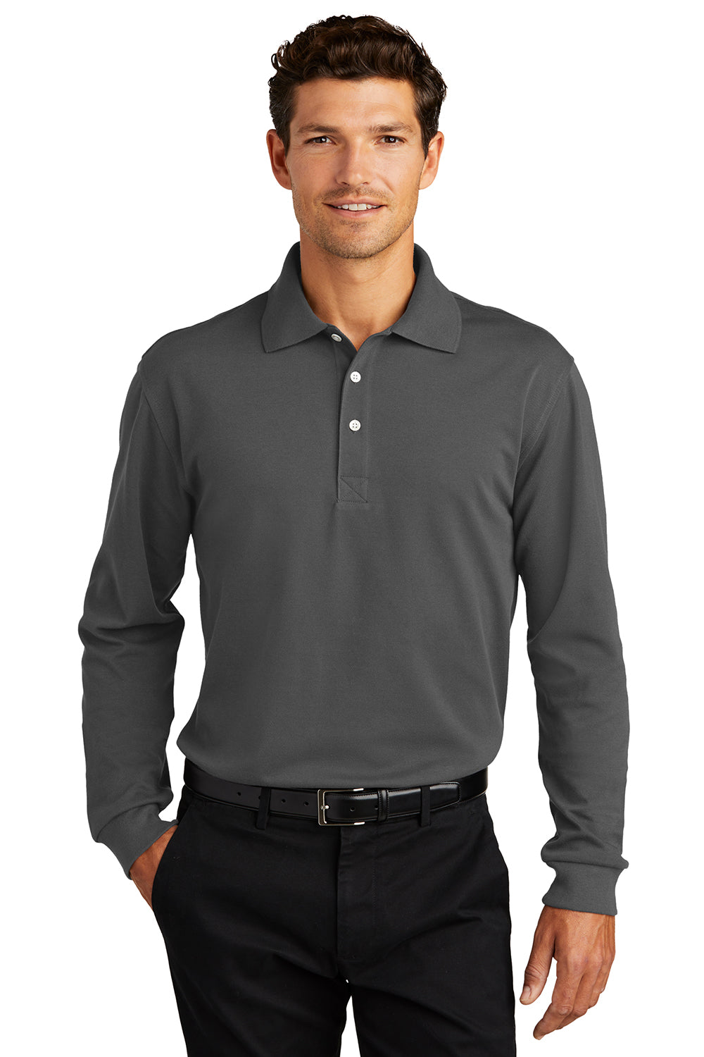 Port Authority K455LS/TLK455LS Mens Rapid Dry Moisture Wicking Long Sleeve Polo Shirt Charcoal Grey Model Front