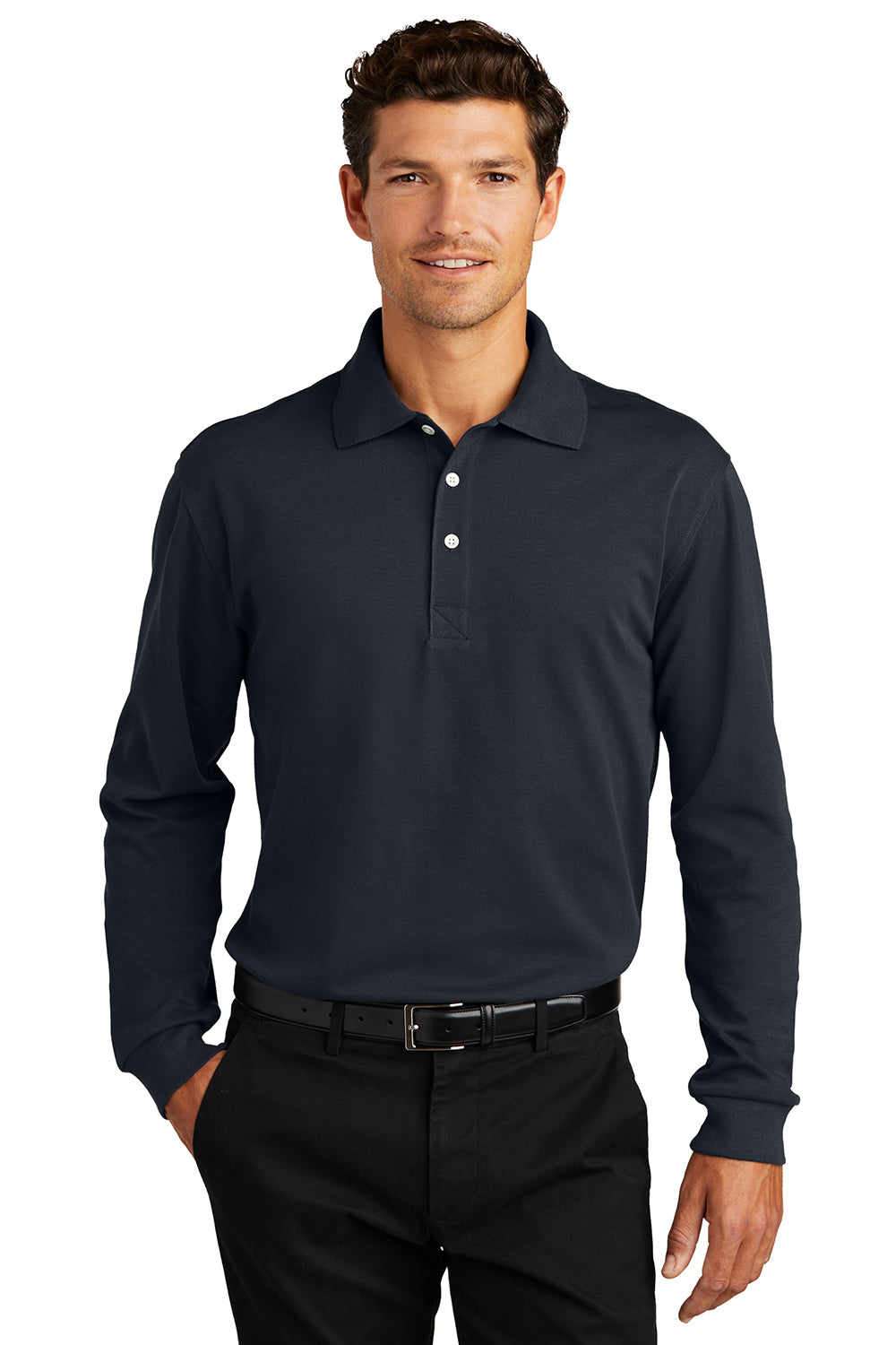 Port Authority K455LS/TLK455LS Mens Rapid Dry Moisture Wicking Long Sleeve Polo Shirt Classic Navy Blue Model Front