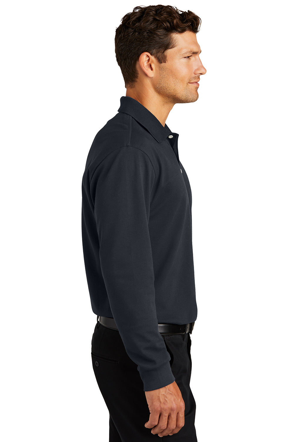 Port Authority K455LS/TLK455LS Mens Rapid Dry Moisture Wicking Long Sleeve Polo Shirt Classic Navy Blue Model Side