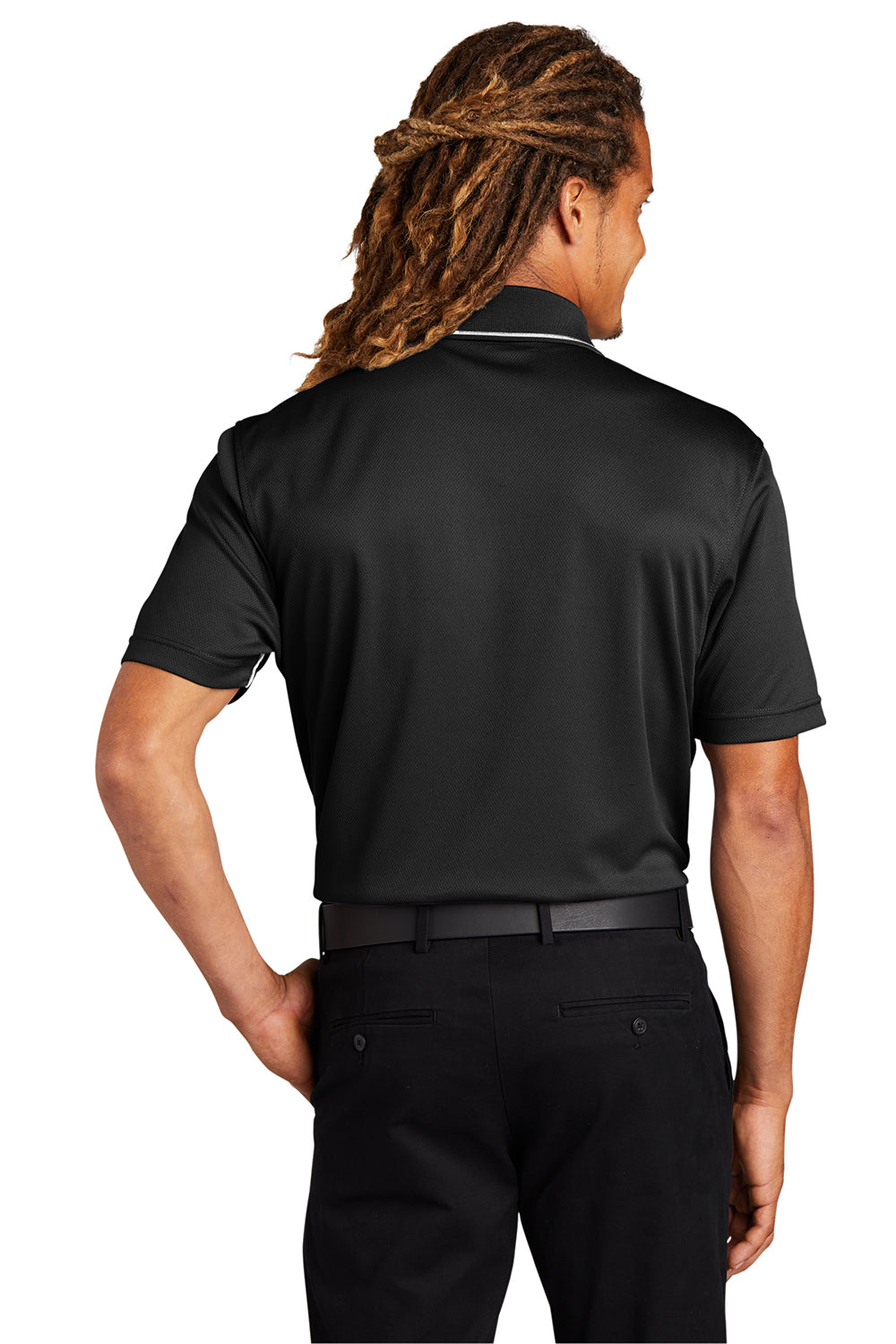 Sport-Tek K467 Mens Dri-Mesh Moisture Wicking Short Sleeve Polo Shirt Black/White Model Back