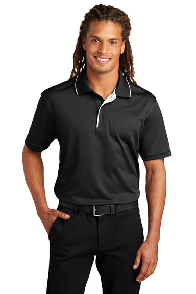 Sport-Tek K467 Mens Dri-Mesh Moisture Wicking Short Sleeve Polo Shirt Black/White Model Front