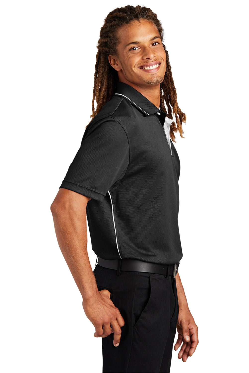 Sport-Tek K467 Mens Dri-Mesh Moisture Wicking Short Sleeve Polo Shirt Black/White Model Side