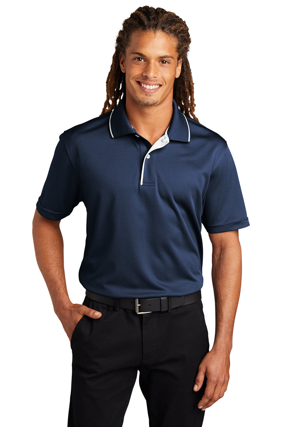 Sport-Tek K467 Mens Dri-Mesh Moisture Wicking Short Sleeve Polo Shirt Navy Blue/White Model Front