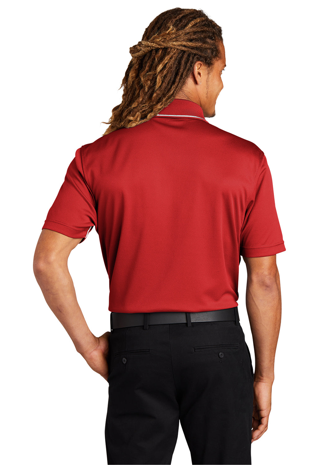 Sport-Tek K467 Mens Dri-Mesh Moisture Wicking Short Sleeve Polo Shirt Red/White Model Back