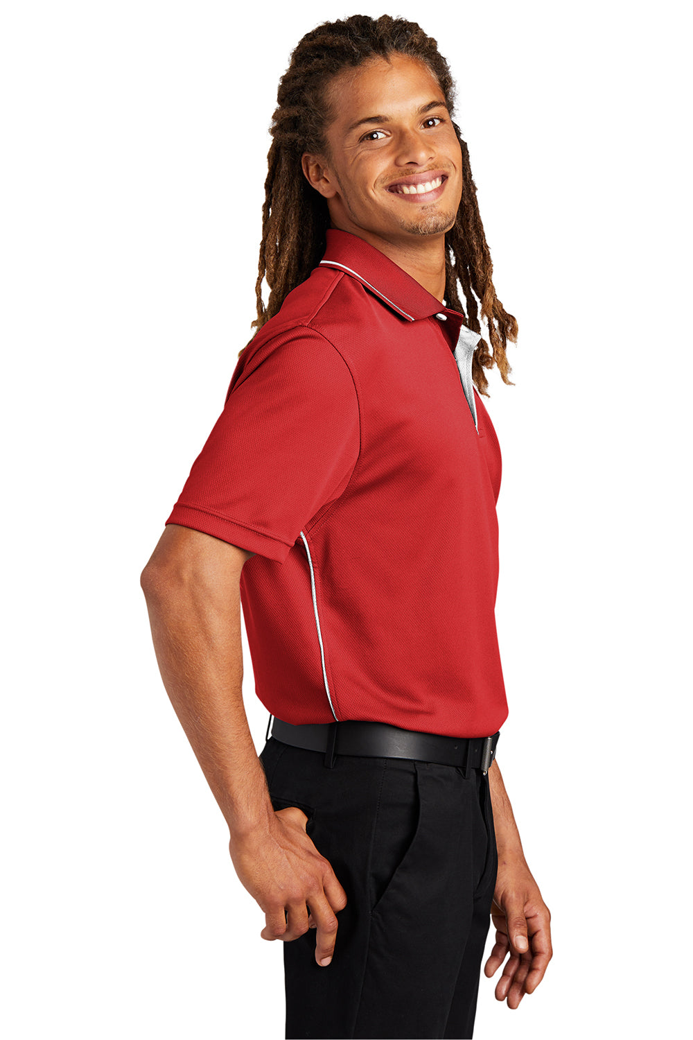 Sport-Tek K467 Mens Dri-Mesh Moisture Wicking Short Sleeve Polo Shirt Red/White Model Side