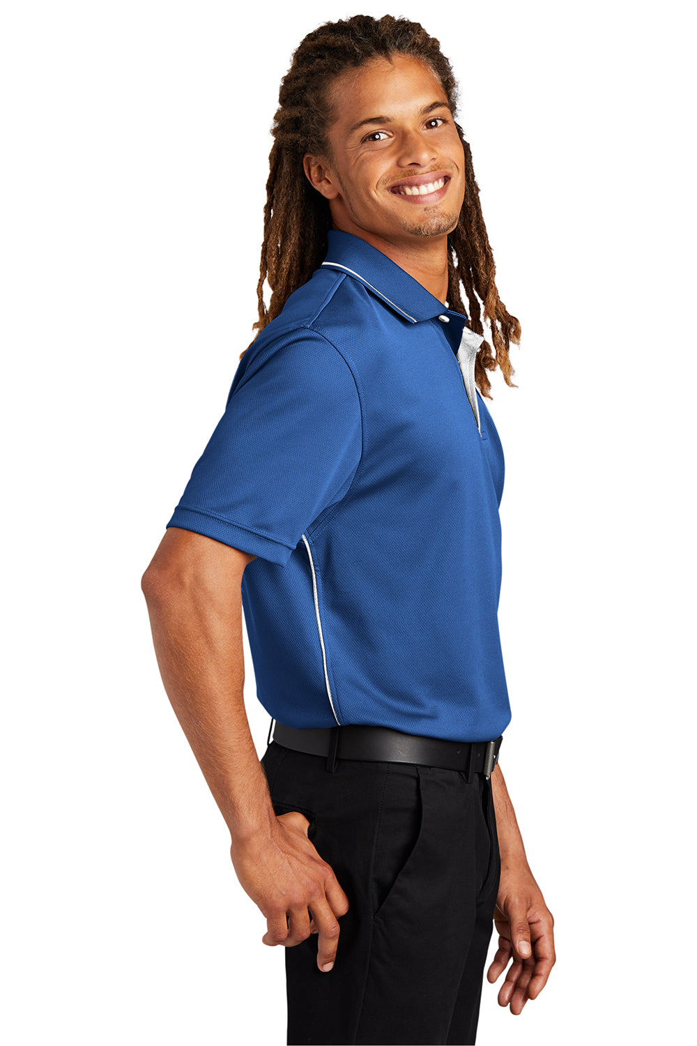 Sport-Tek K467 Mens Dri-Mesh Moisture Wicking Short Sleeve Polo Shirt Royal Blue/White Model Side