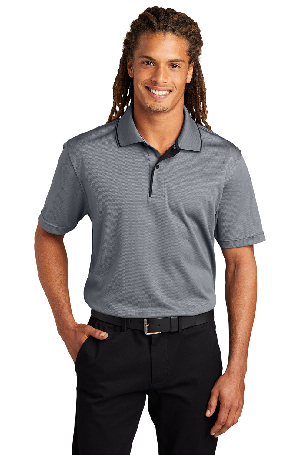 Sport-Tek K467 Mens Dri-Mesh Moisture Wicking Short Sleeve Polo Shirt Steel Grey/Black Model Front