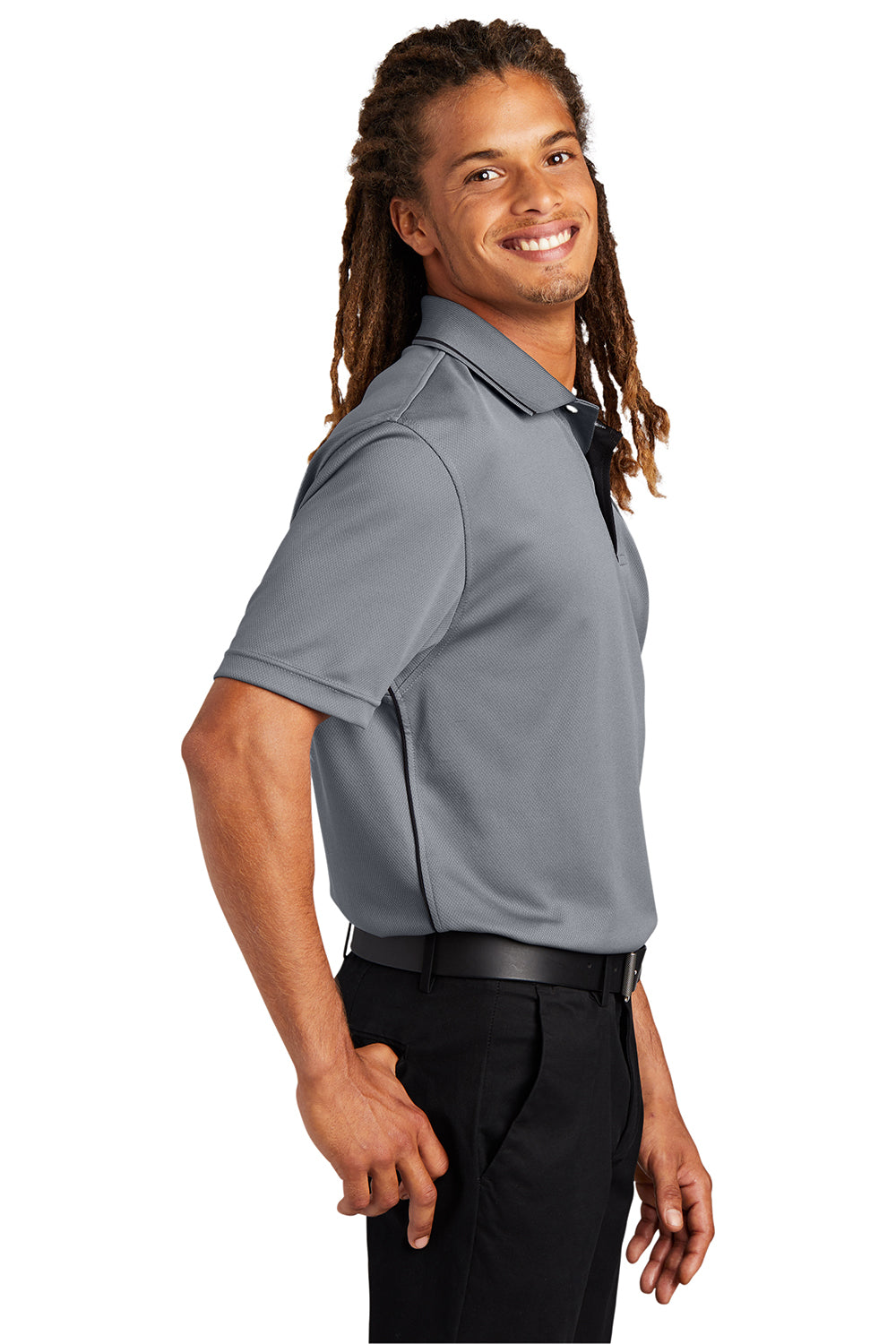 Sport-Tek K467 Mens Dri-Mesh Moisture Wicking Short Sleeve Polo Shirt Steel Grey/Black Model Side