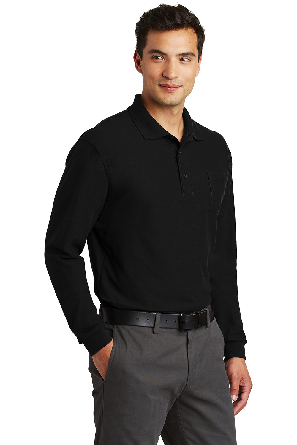 Port Authority K500LSP Mens Silk Touch Wrinkle Resistant Long Sleeve Polo Shirt w/ Pocket Black Model 3q