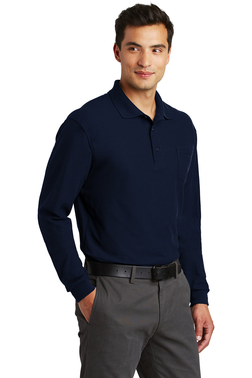 Port Authority K500LSP Mens Silk Touch Wrinkle Resistant Long Sleeve Polo Shirt w/ Pocket Navy Blue Model 3q