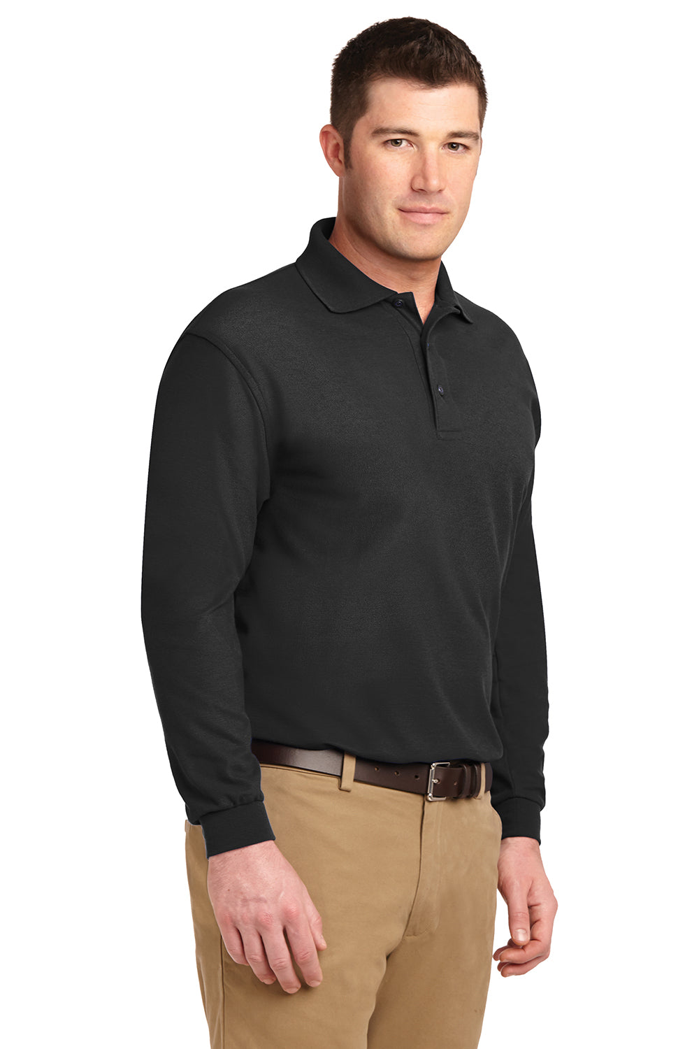 Port Authority K500LS/TLK500LS Mens Silk Touch Wrinkle Resistant Long Sleeve Polo Shirt Black Model 3q