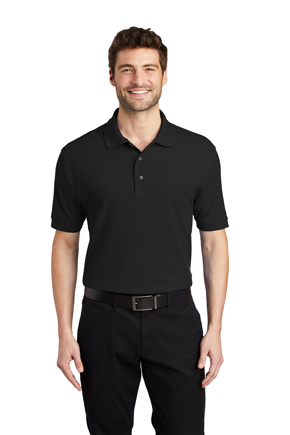 Port Authority K500/TLK500/K500ES Mens Silk Touch Wrinkle Resistant Short Sleeve Polo Shirt Black Model Front