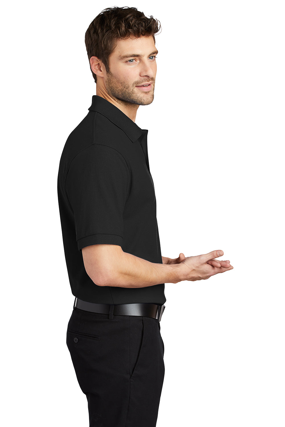 Port Authority K500/TLK500/K500ES Mens Silk Touch Wrinkle Resistant Short Sleeve Polo Shirt Black Model Side