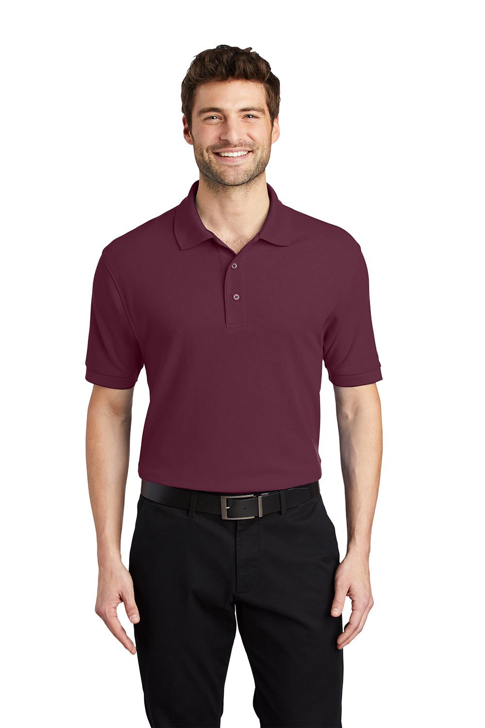 Port Authority K500/TLK500/K500ES Mens Silk Touch Wrinkle Resistant Short Sleeve Polo Shirt Burgundy Model Front