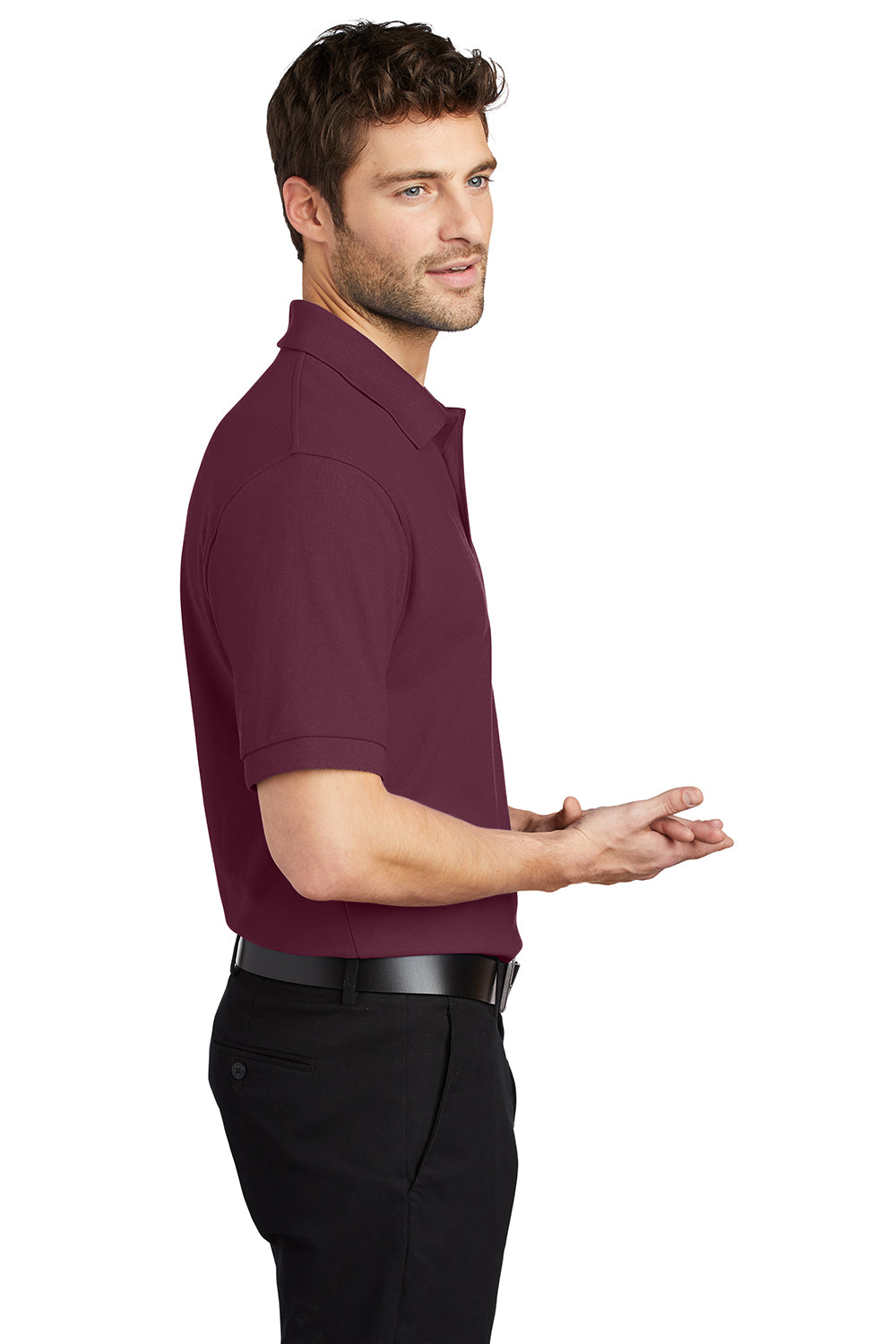 Port Authority K500/TLK500/K500ES Mens Silk Touch Wrinkle Resistant Short Sleeve Polo Shirt Burgundy Model Side