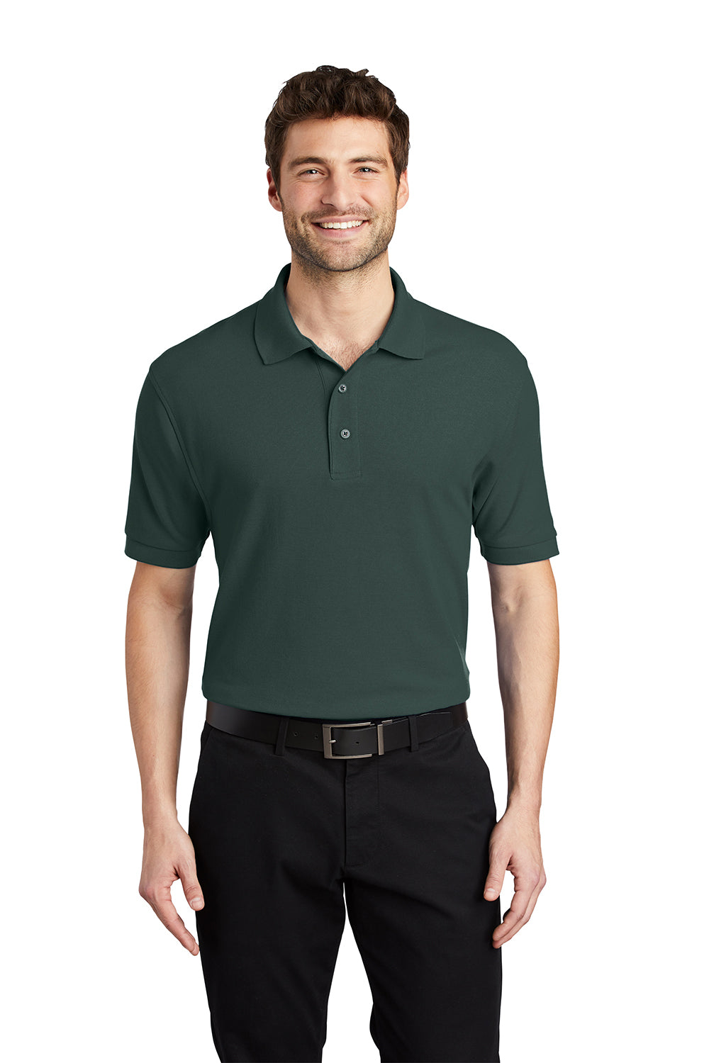 Port Authority K500/TLK500/K500ES Mens Silk Touch Wrinkle Resistant Short Sleeve Polo Shirt Dark Green Model Front