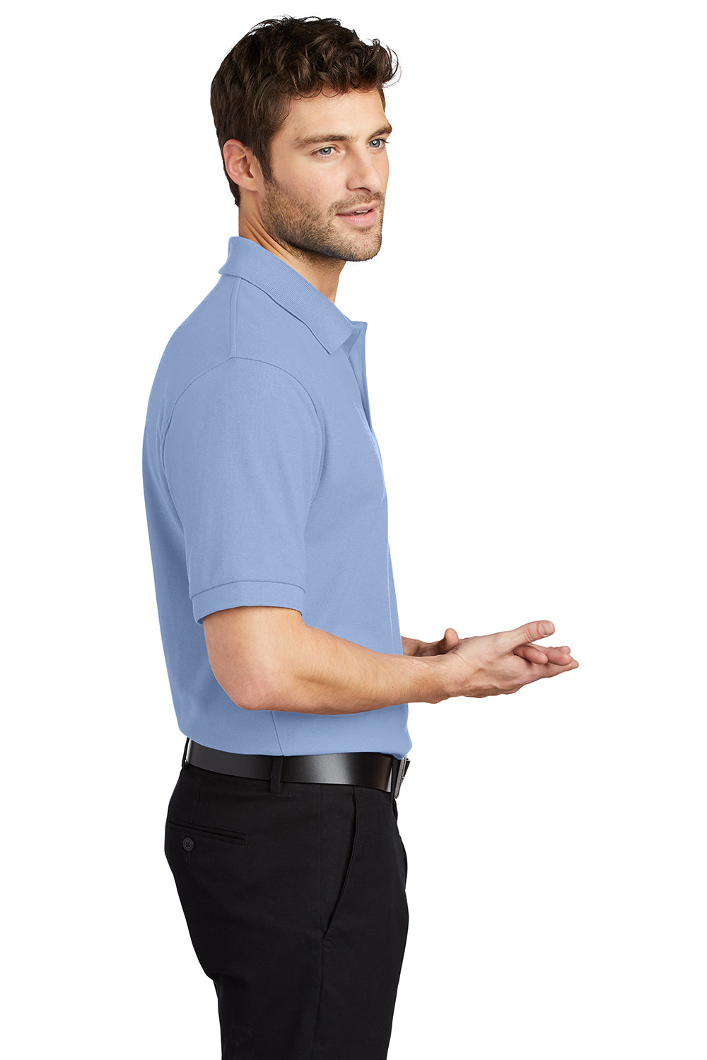 Port Authority K500/TLK500/K500ES Mens Silk Touch Wrinkle Resistant Short Sleeve Polo Shirt Light Blue Model Side