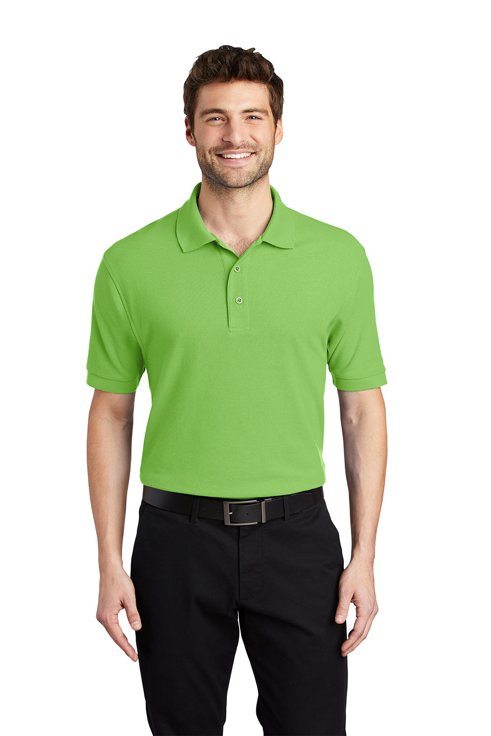 Port Authority K500/TLK500/K500ES Mens Silk Touch Wrinkle Resistant Short Sleeve Polo Shirt Lime Green Model Front