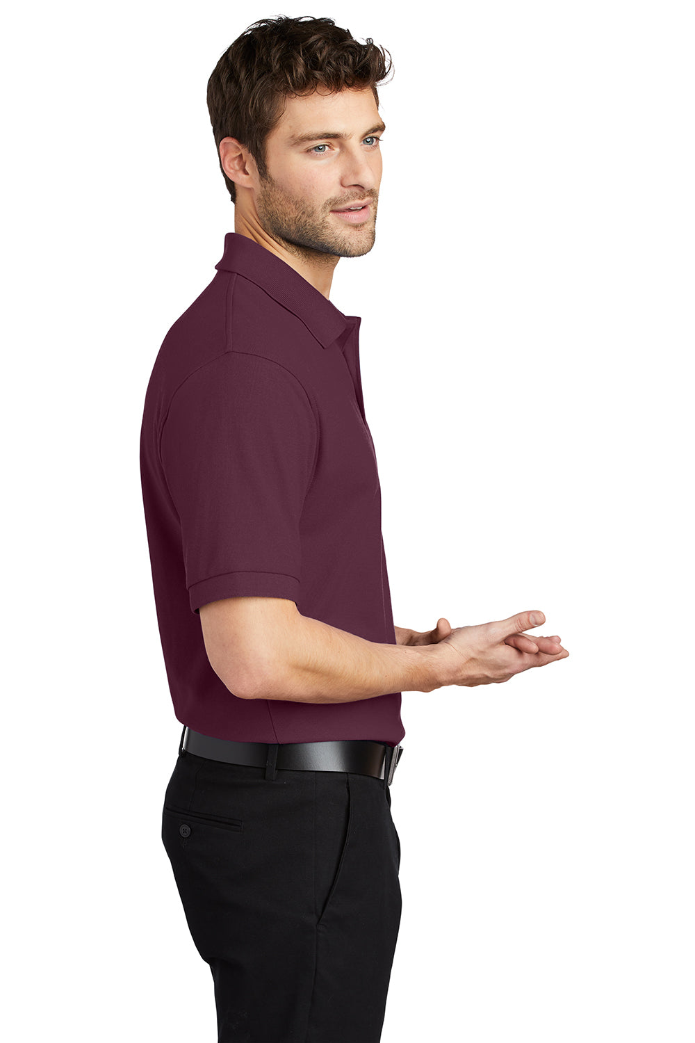 Port Authority K500/TLK500/K500ES Mens Silk Touch Wrinkle Resistant Short Sleeve Polo Shirt Maroon Model Side