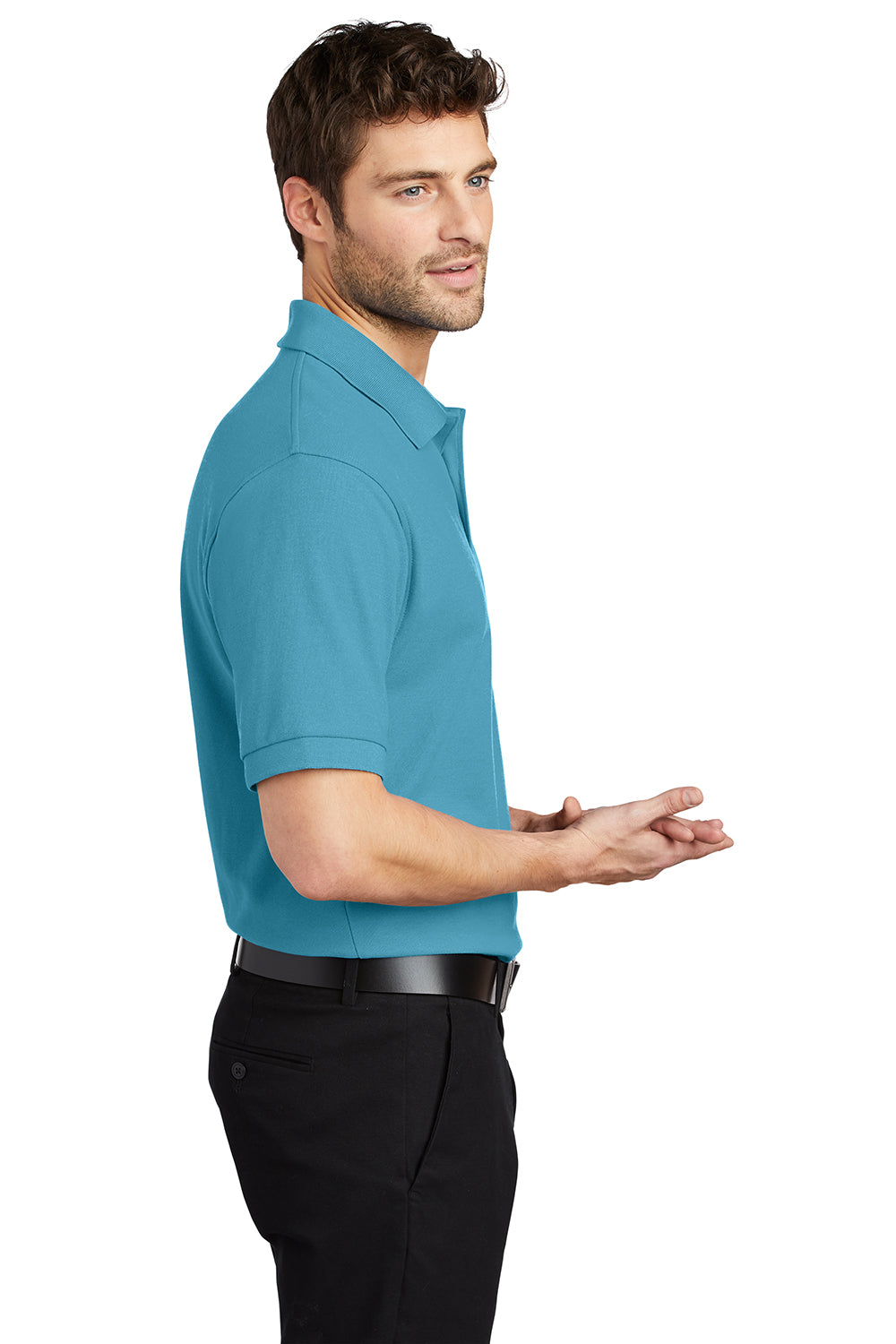 Port Authority K500/TLK500/K500ES Mens Silk Touch Wrinkle Resistant Short Sleeve Polo Shirt Maui Blue Model Side