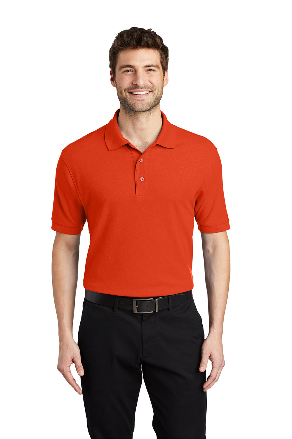 Port Authority K500/TLK500/K500ES Mens Silk Touch Wrinkle Resistant Short Sleeve Polo Shirt Orange Model Front