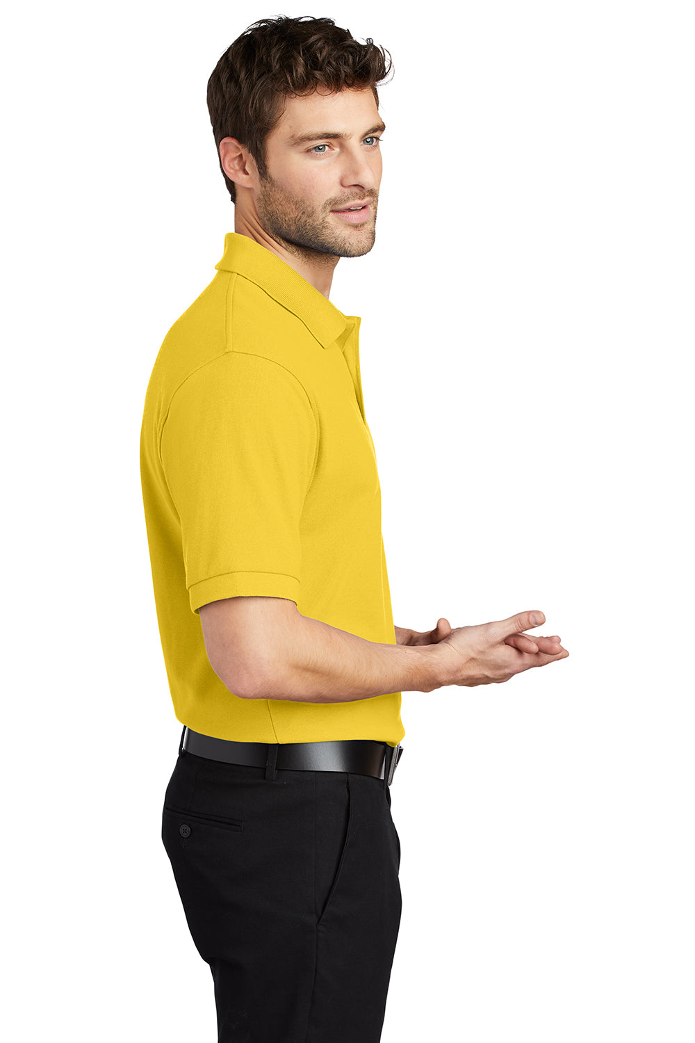 Port Authority K500/TLK500/K500ES Mens Silk Touch Wrinkle Resistant Short Sleeve Polo Shirt Sunflower Yellow Model Side