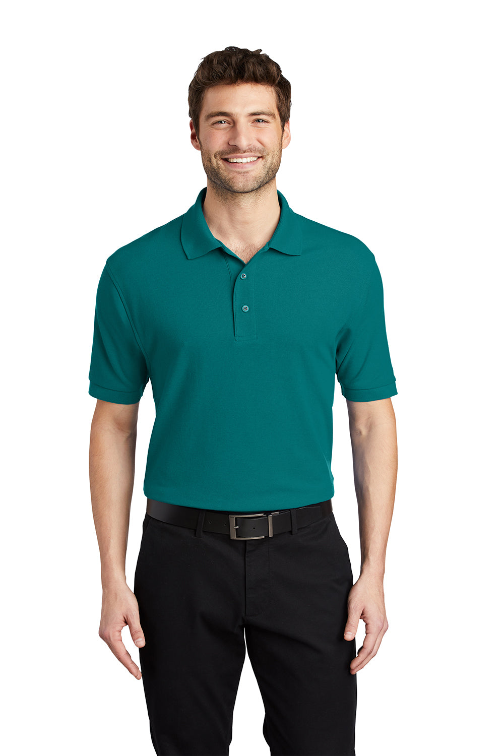 Port Authority K500/TLK500/K500ES Mens Silk Touch Wrinkle Resistant Short Sleeve Polo Shirt Teal Green Model Front