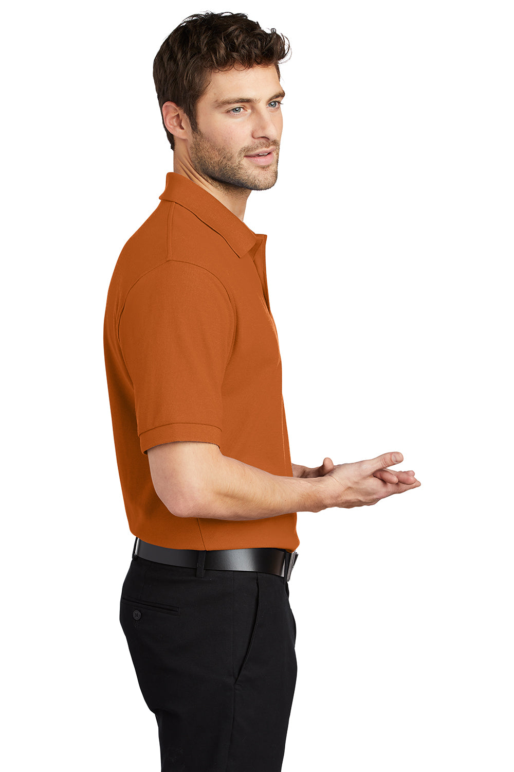 Port Authority K500/TLK500/K500ES Mens Silk Touch Wrinkle Resistant Short Sleeve Polo Shirt Texas Orange Model Side