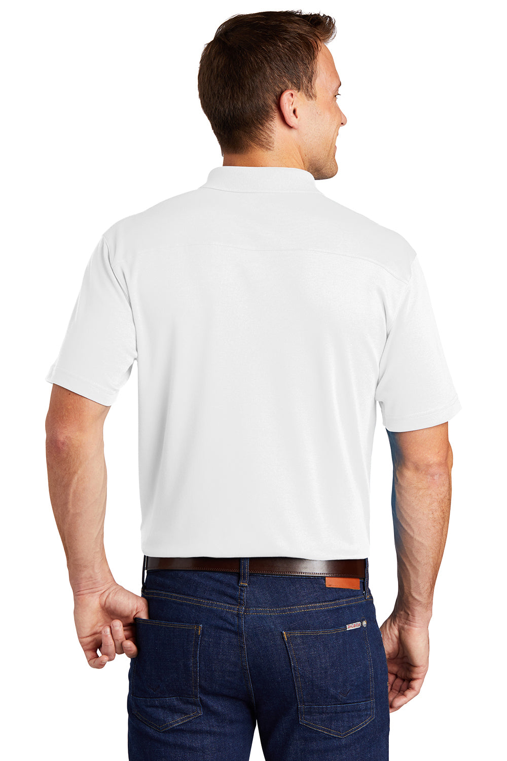 Port Authority K5200 Mens Silk Touch Performance Moisture Wicking Short Sleeve Polo Shirt White Model Back