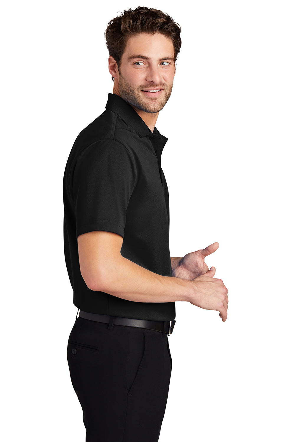 Port Authority K527/TLK527 Mens Tech Moisture Wicking Short Sleeve Polo Shirt Black Model Side