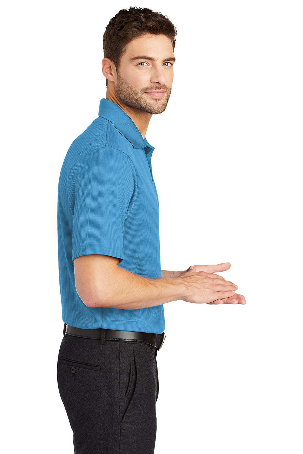 Port Authority K528 Mens Performance Moisture Wicking Short Sleeve Polo Shirt Ocean Blue Model Side