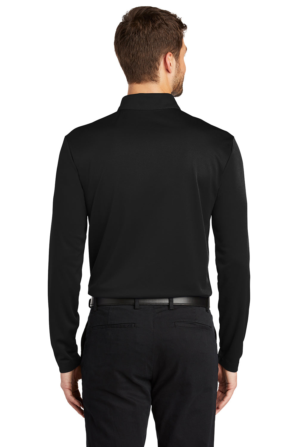 Port Authority K540LS Mens Silk Touch Performance Moisture Wicking Long Sleeve Polo Shirt Black Model Back