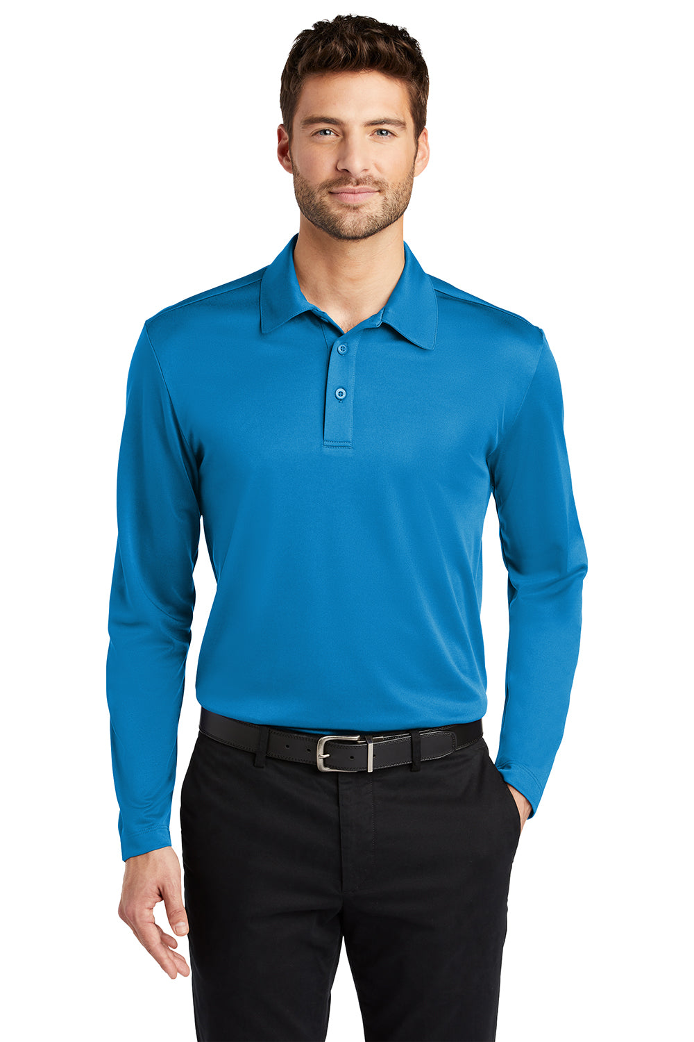 Port Authority K540LS Mens Silk Touch Performance Moisture Wicking Long Sleeve Polo Shirt Brilliant Blue Model Front